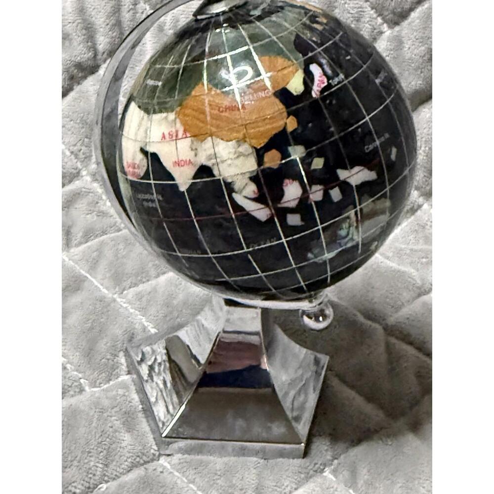 Rotating Globe 5.25” Paperweight Semi Precious Stone Inlays Silver Toned Metal - Picture 3 of 4